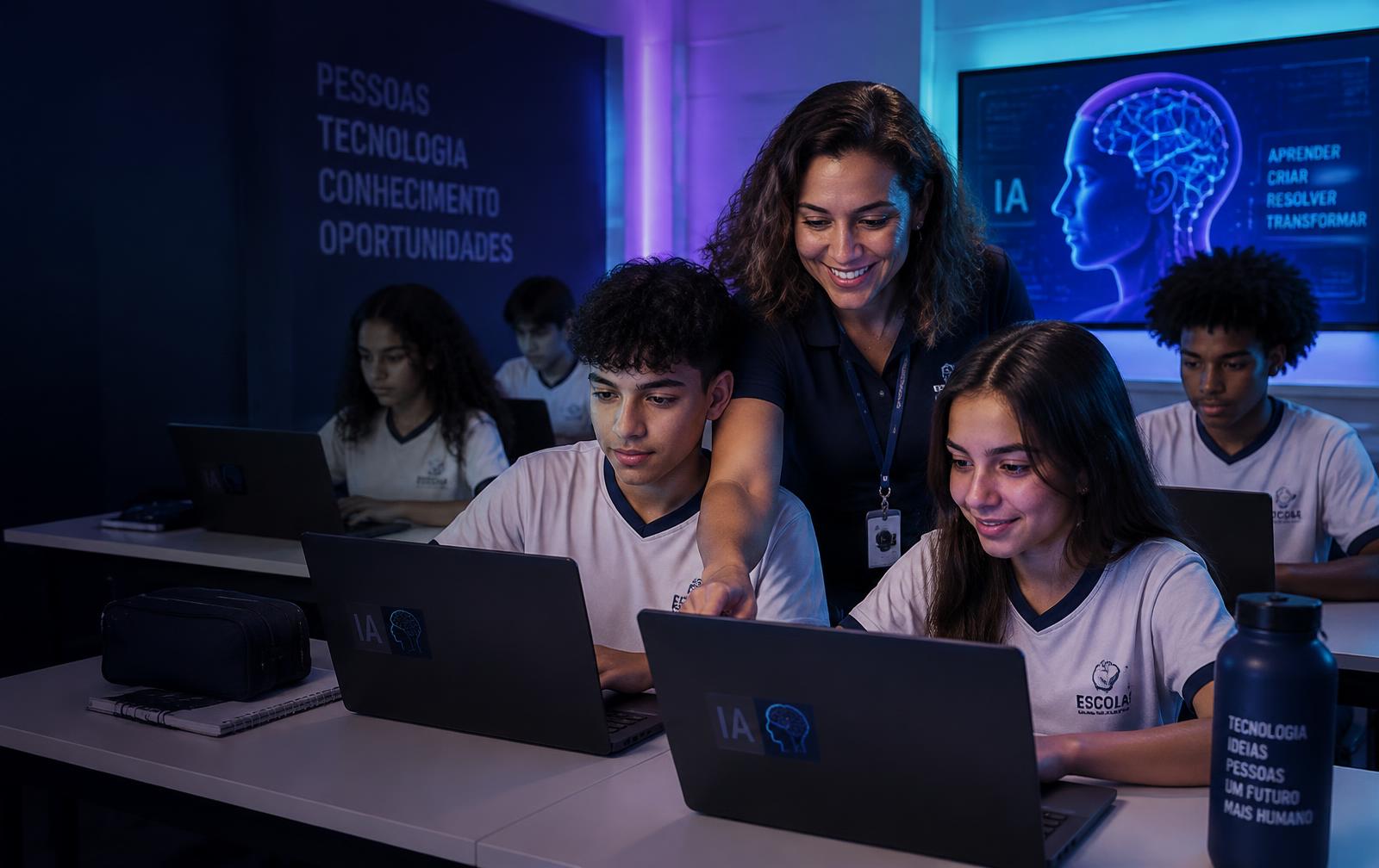 Professora e aluna aprendendo juntas com apoio de Inteligência Artificial em sala de aula