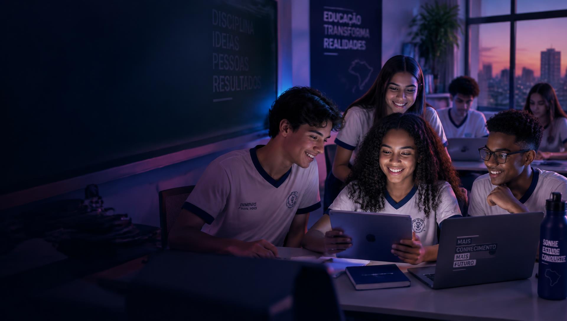Estudantes brasileiros usando tablets e notebooks com a plataforma GizIA em sala de aula